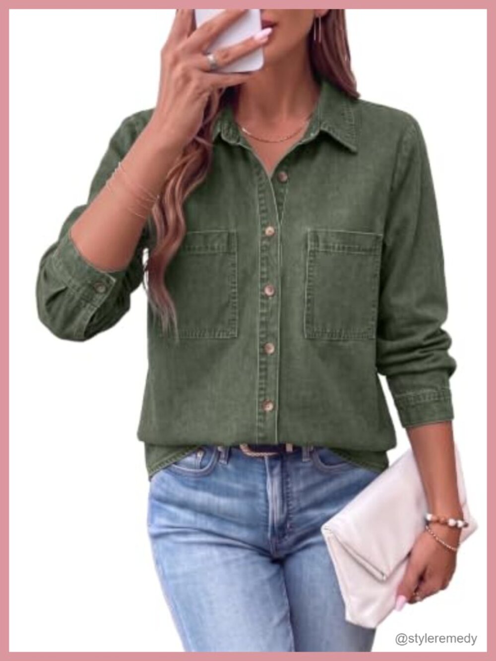 Long Sleeve Button Down Collared Denim Shirt Relaxed Fit Casual